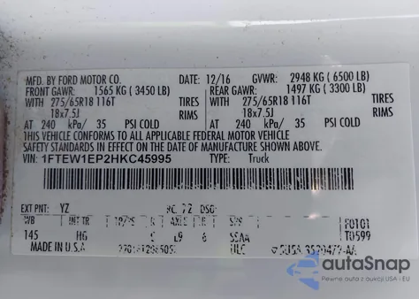 2017 Ford F-150 Lariat z USA, uszkodzony, nr VIN 1FTEW1EP2HKC45995